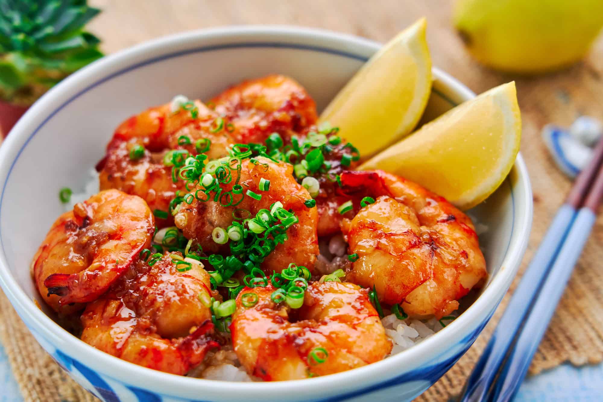 Side angle of the Shrimp and Rice Bowl, highlighting the layers of shrimp on the rice, with a vibrant green scallion garnish.