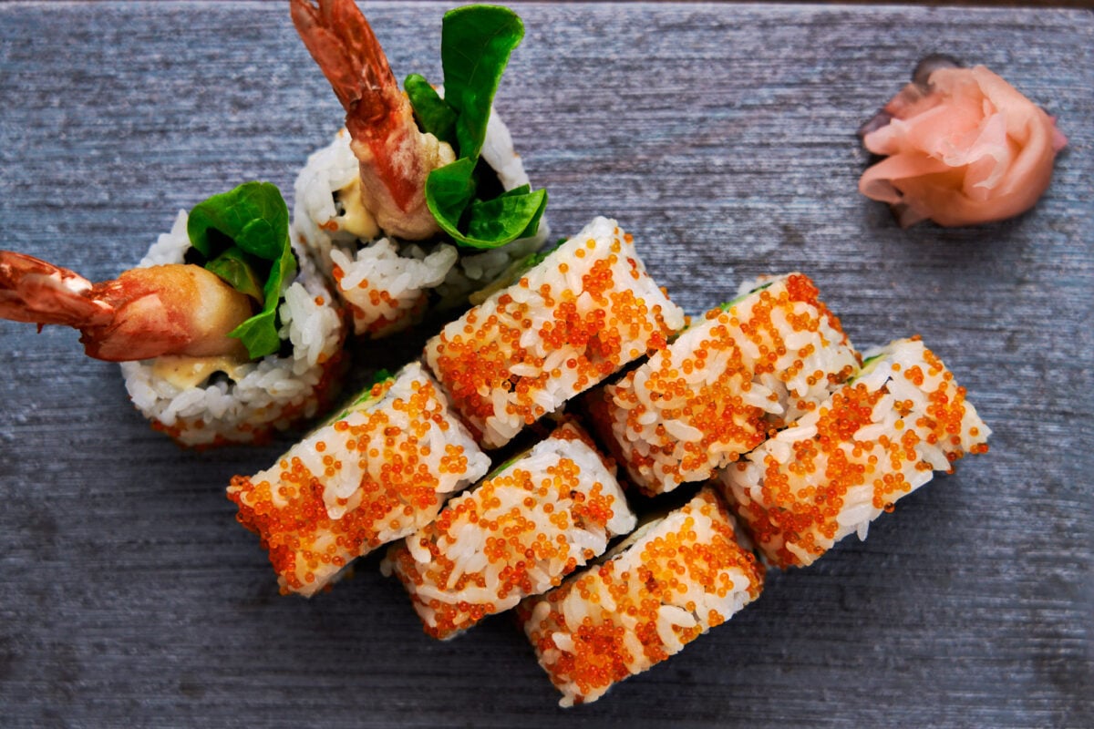 A delicious homemade tempura shrimp sushi roll with spicy mustard mayo.