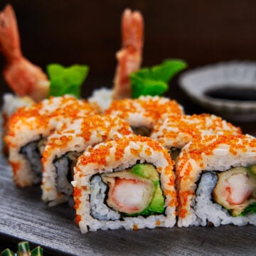 Crispy shrimp tempura, creamy avocado, and spicy karashi mayo come together to make a party of textures and tastes in this Shrimp Tempura Roll.