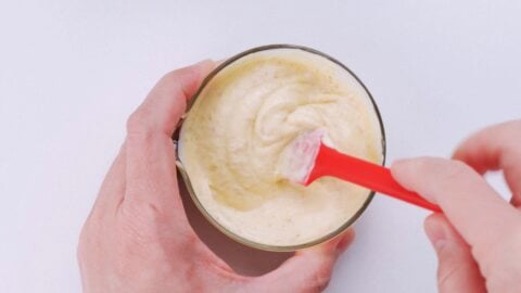 Mixing Japanese spicy mustard with mayonnaise.