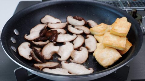 Shiitake mushroom slices with pan-fried tofu.