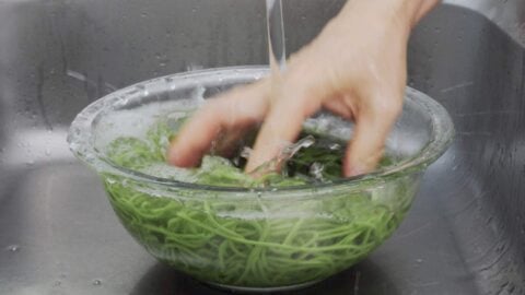 Chilling matcha soba noodles in cold water.