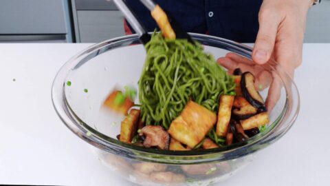 Soba noodle salad with tofu and shiitake mushrooms.