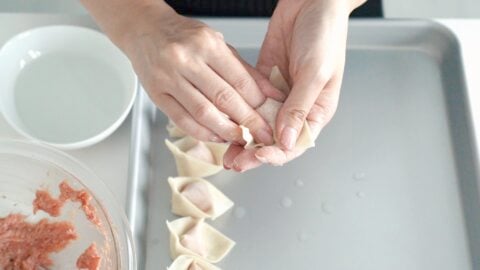 Sealing the wonton shut.