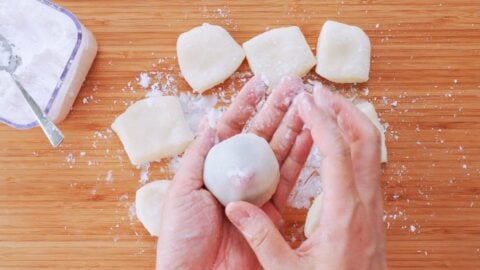 Roll the strawberry mochi around in your hands to give it a nice round shape.