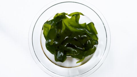 Rehydrated wakame seaweed for sunomono.