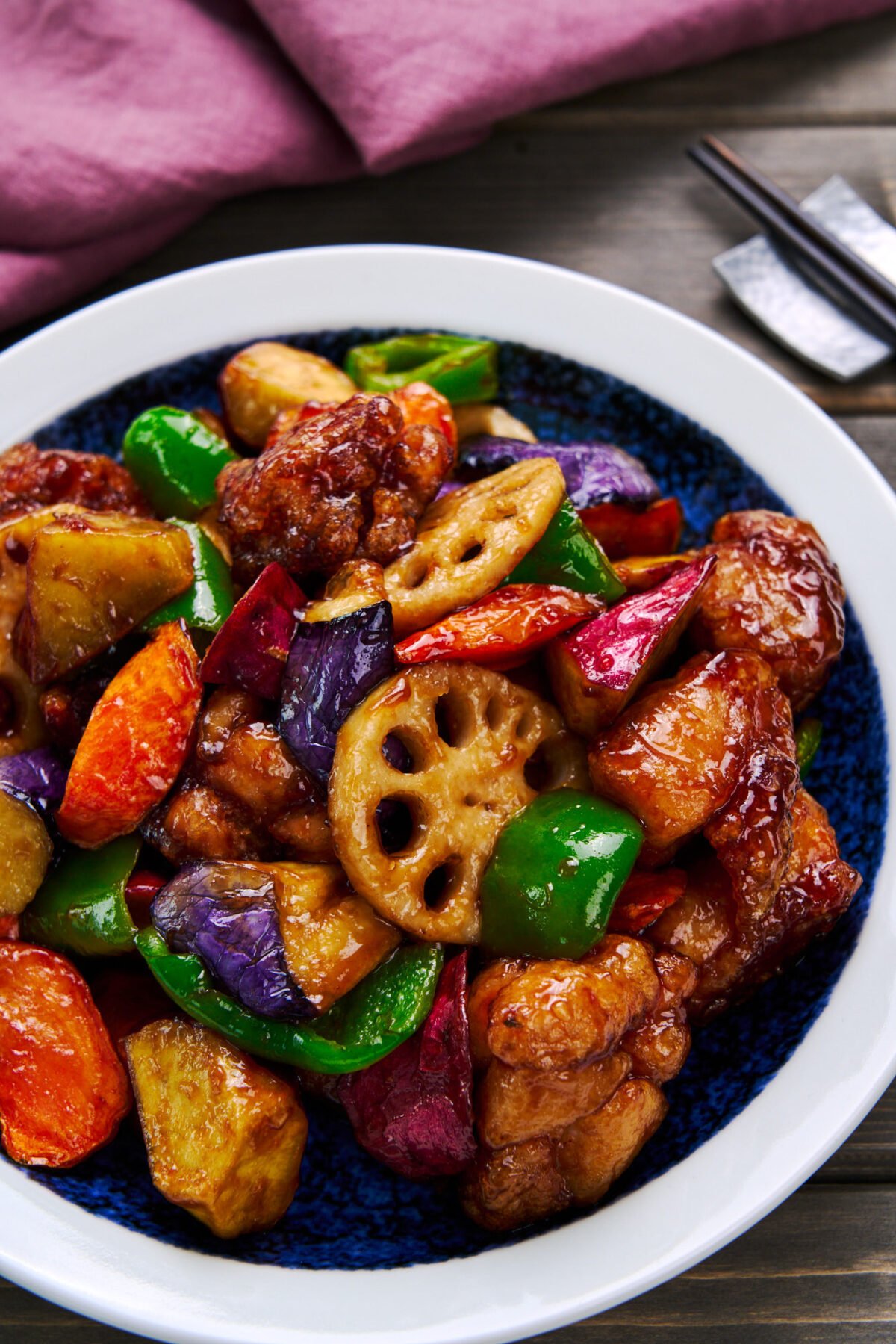 Homemade chicken and vegetables glazed in a Japanese sweet and sour sauce made from black vinegar and soy sauce.