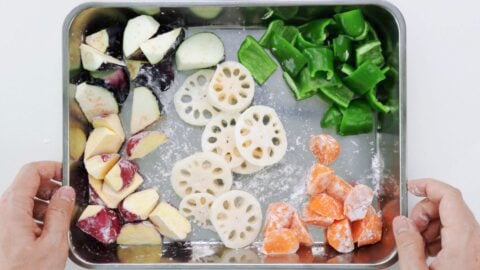 Vegetables dusted with potato starch.