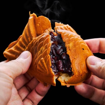 These crispy taiyaki are a Japanese fish-shaped pastry with a crisp buttery crust and sweet red bean paste in the center.