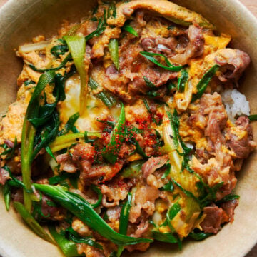 This Japanese beef bowl is loaded with tender beef, sweet scallions and creamy egg cooked in a sweet and savory broth.