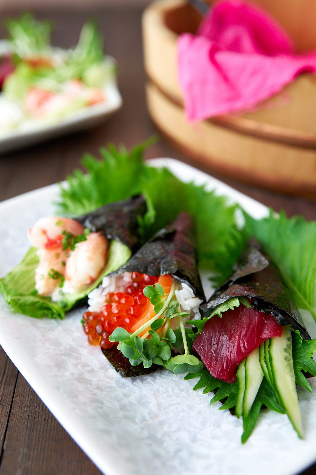 Temaki sushi is an easy hand-rolled sushi that you can fill with your favorite ingredients. Perfect for parties.