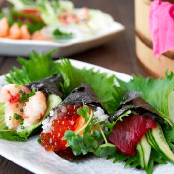 Temaki sushi is an easy hand-rolled sushi that you can fill with your favorite ingredients. Perfect for parties.