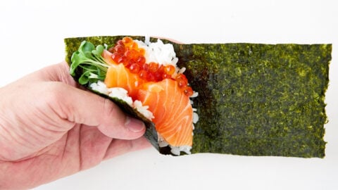 Start rolling your temaki sushi from the bottom left corner.