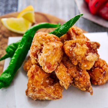 Surrounded in a light and crispy shell of potato starch with a juicy umami-packed center, this tofu karaage is a delicious plant-based version of Japanese fried chicken.