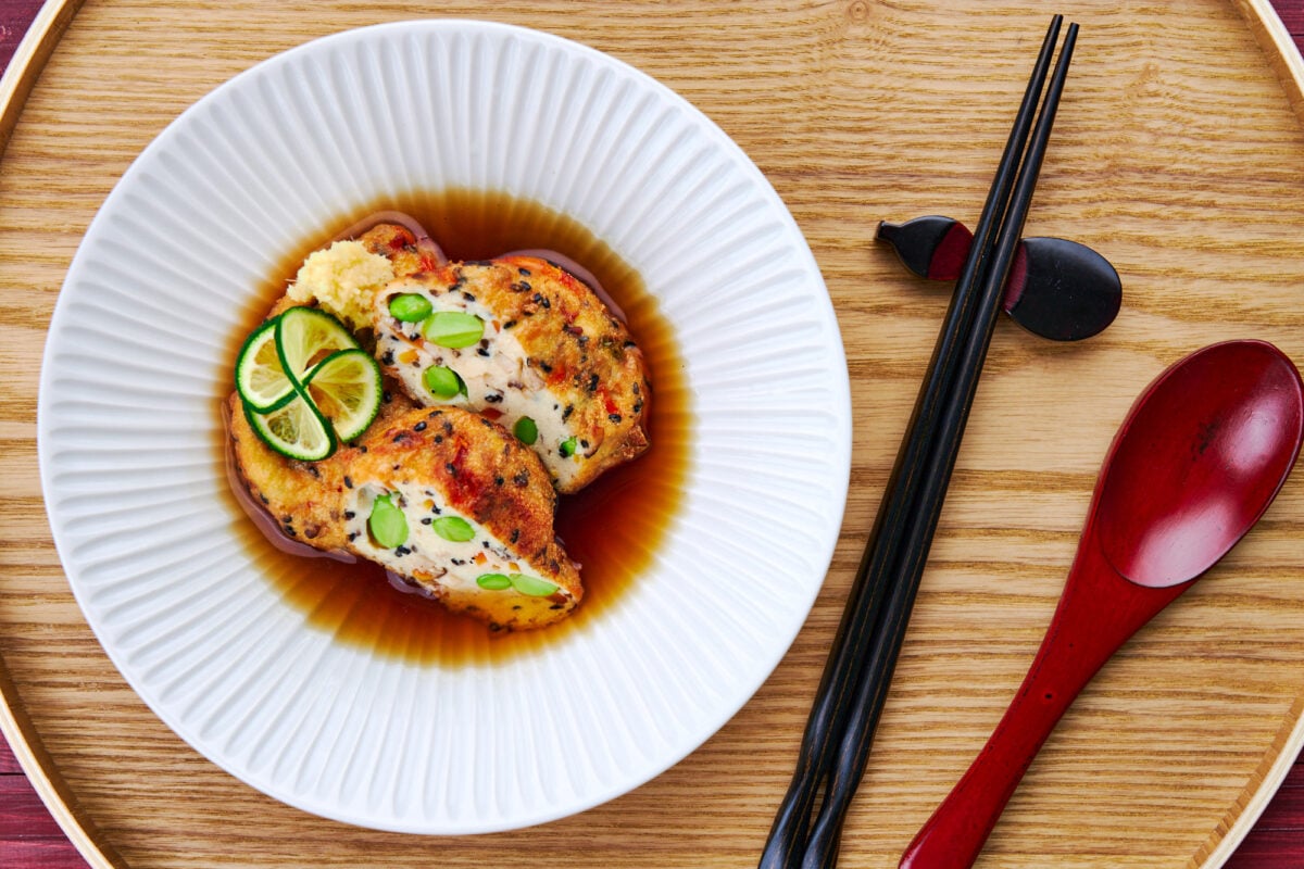 Ganmodoki is a traditional plant-based tofu fritter loaded with vegetables, mushrooms and seeds, which gives it a meaty texture and flavor.