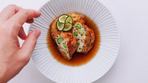 Plate the tofu patties and ladle on the broth.