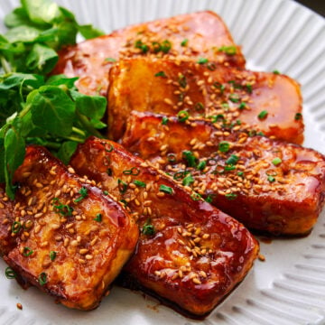 Crispy tofu teriyaki lacquered in a thick layer of sweet and savory teriyaki sauce.