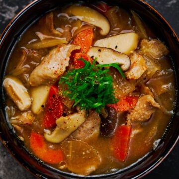 Tonjiru is a simple Japanese soup/stew loaded with tender pork and vegetables in a savory miso broth. It's so easy and satisfying; it's a favorite in homes around Japan in winter.