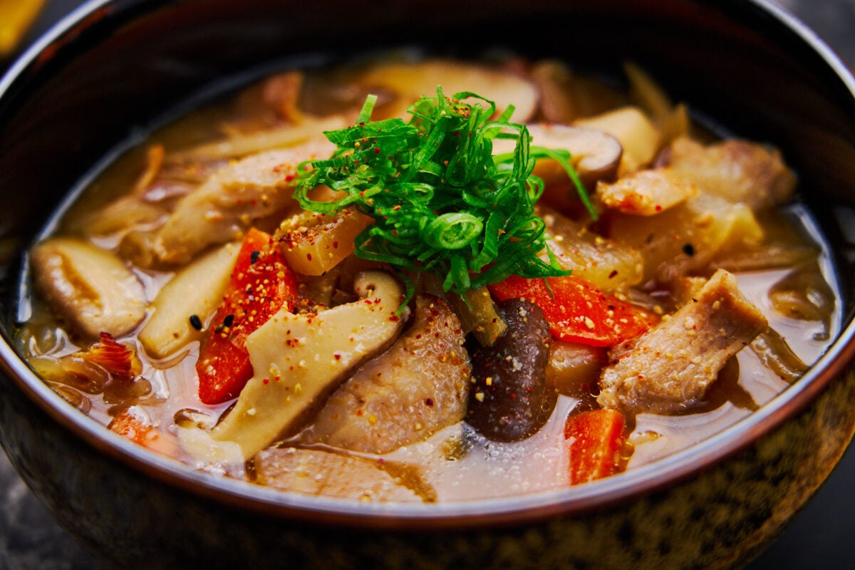 This easy Japanese pork and vegetable stew is a hearty miso soup that's perfect for a cool autumn day.