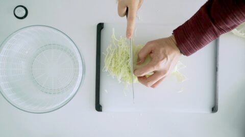 Shredding cabbage for Tonkatsu side salad