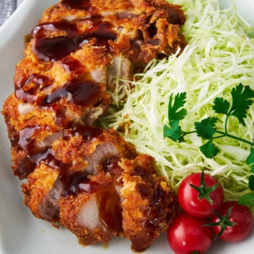 Crisp, juicy Tonkatsu (Japanese pork cutlet) drizzled in a sweet and savory spiced fruit sauce.