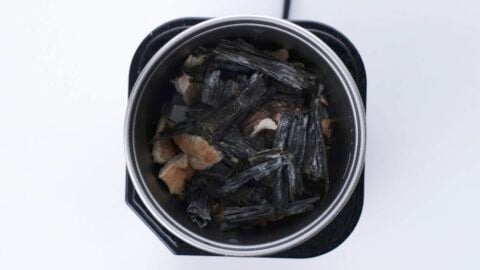 Konbu and shiitake mushrooms in a spice grinder.