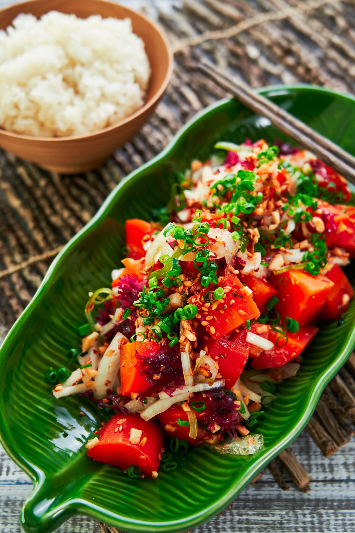 A delicious Hawaiian Poke made with velvety carrots cooked in kelp-based dashi stock, with sweet onions, limu, and inamona.