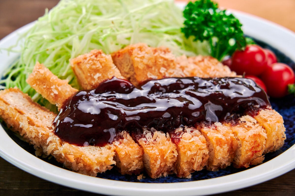 Vegan tofu katsu glazed with a spicy sweet homemade katsu sauce.