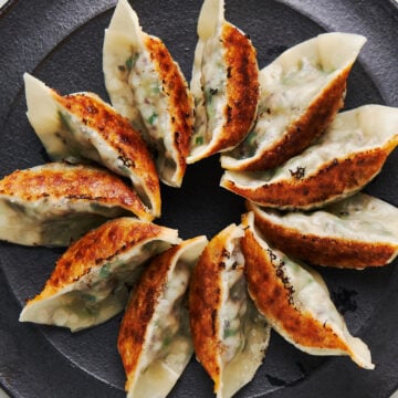 These meatless gyoza (Japanese dumplings) are just as flavorful as the original with a crisp pan-fried bottom and steamed noodly top.