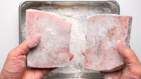 Wagyu steaks coated in flour before being breaded with panko.