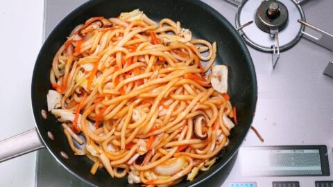 Yaki Udon (Japanese stir-fried noodles) in a frying pan.