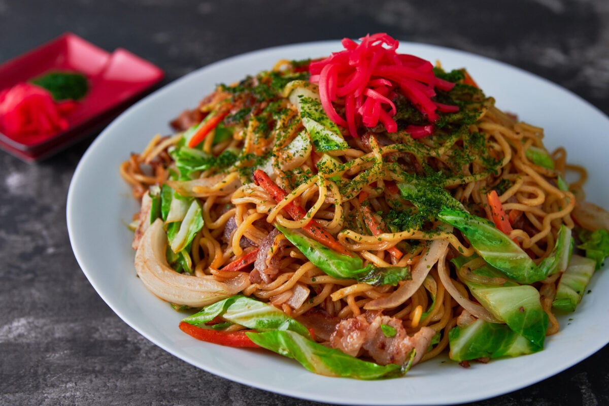 Yakisoba is an easy Japanese noodle dish made with noodles, vegetables and meat stir-fried with a spiced sweet and savory sauce.